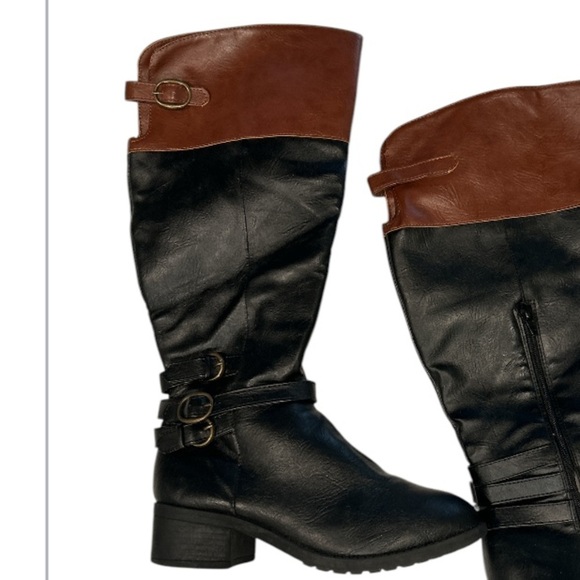 Two toned Black and brown faux leather knee high boots, size 6.5 with buckles. - Picture 4 of 8